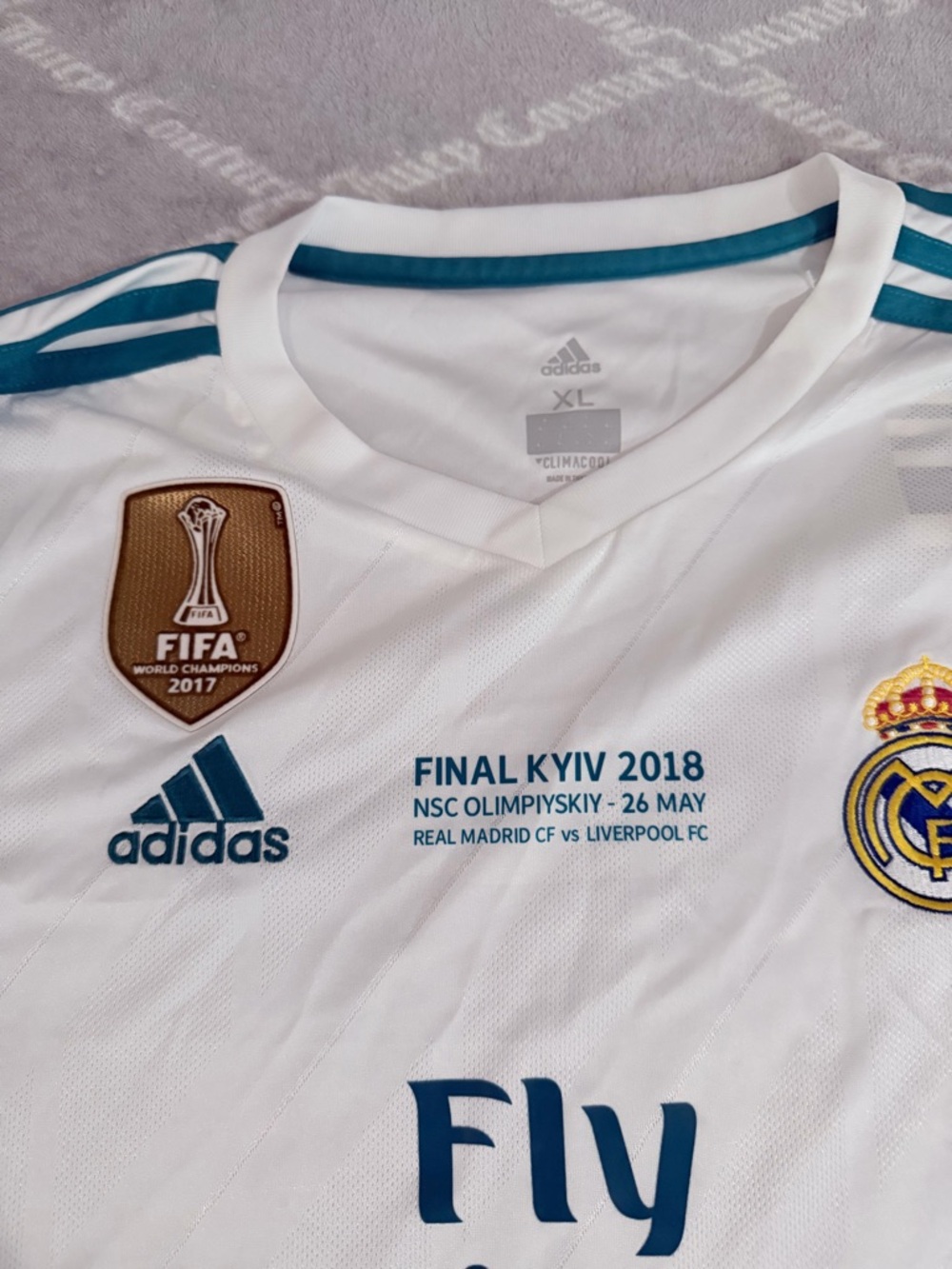adidas White and Teal Real Madrid Final Kyiv 2018 Match Jersey - Picture 2 of 5
